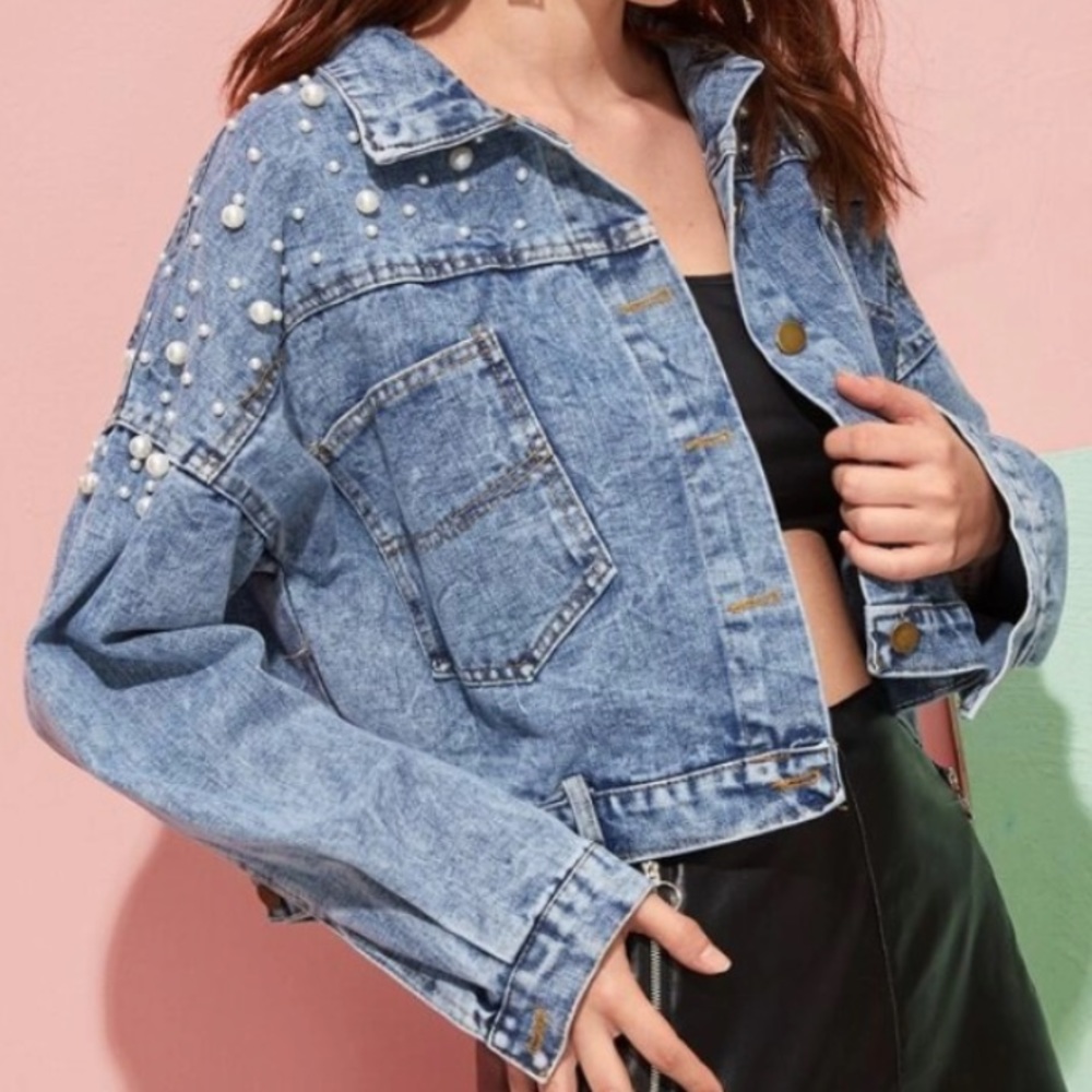 It Was All a Dream Pearl Studded Denim Jacket